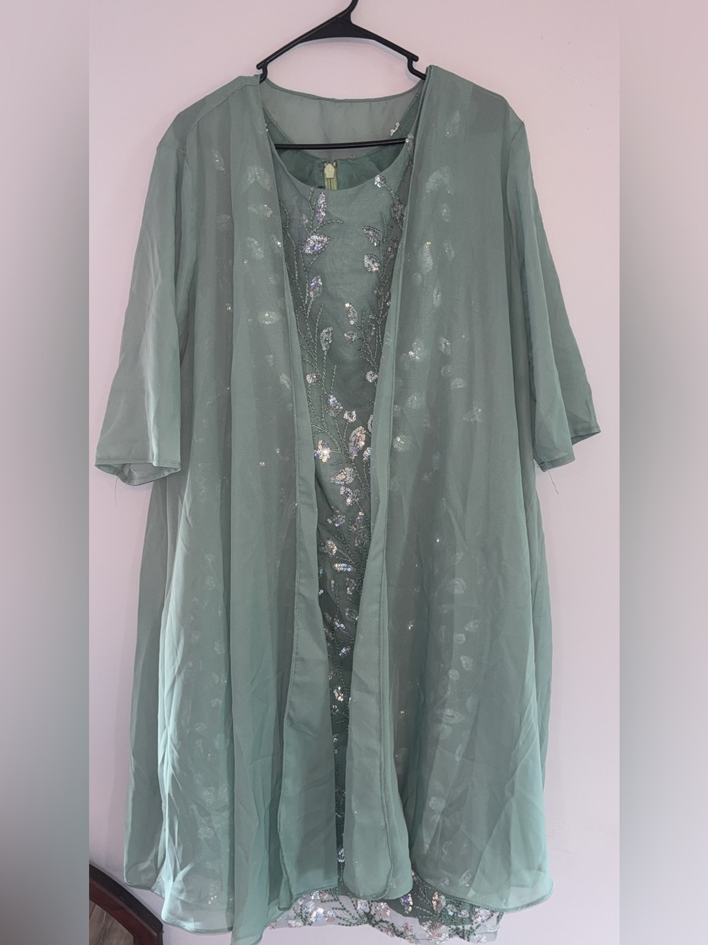 Seafoam Green Embellished Midi Dress with Sheer Overlay
